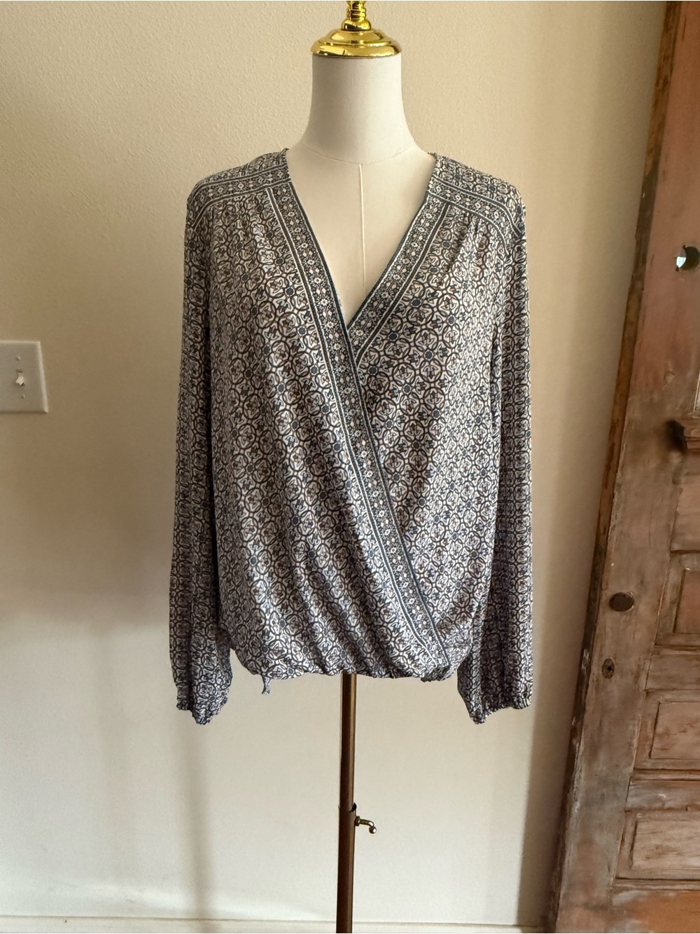 Max Studio Blue Patterned Wrap-Style Blouse